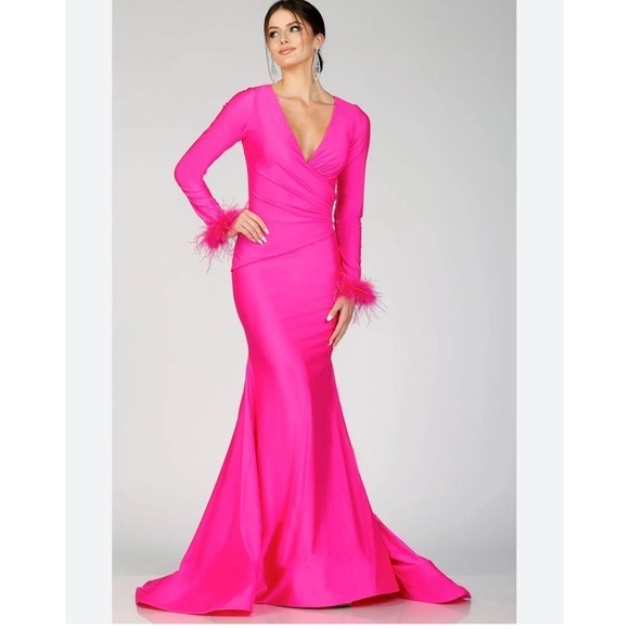 Terani Couture Dresses & Skirts - Terani Couture 231P0074 Fuchsia Pink Feather Trim Long Sleeve Gown Dress 6